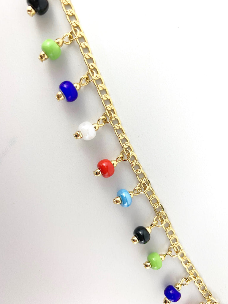 18k Gold Filled Curb Link Multicolor Beads Charms Bracelet