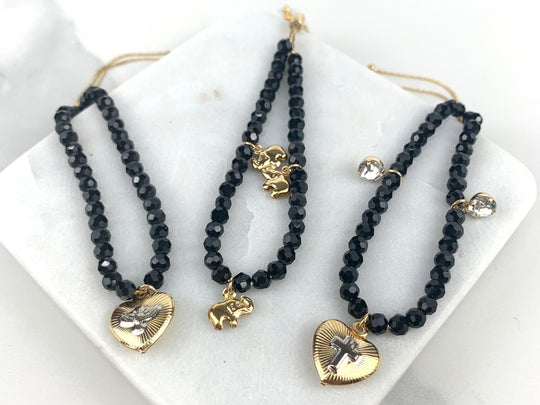 18k Gold Filled with Charms Black Beads Adjustable Bracelet