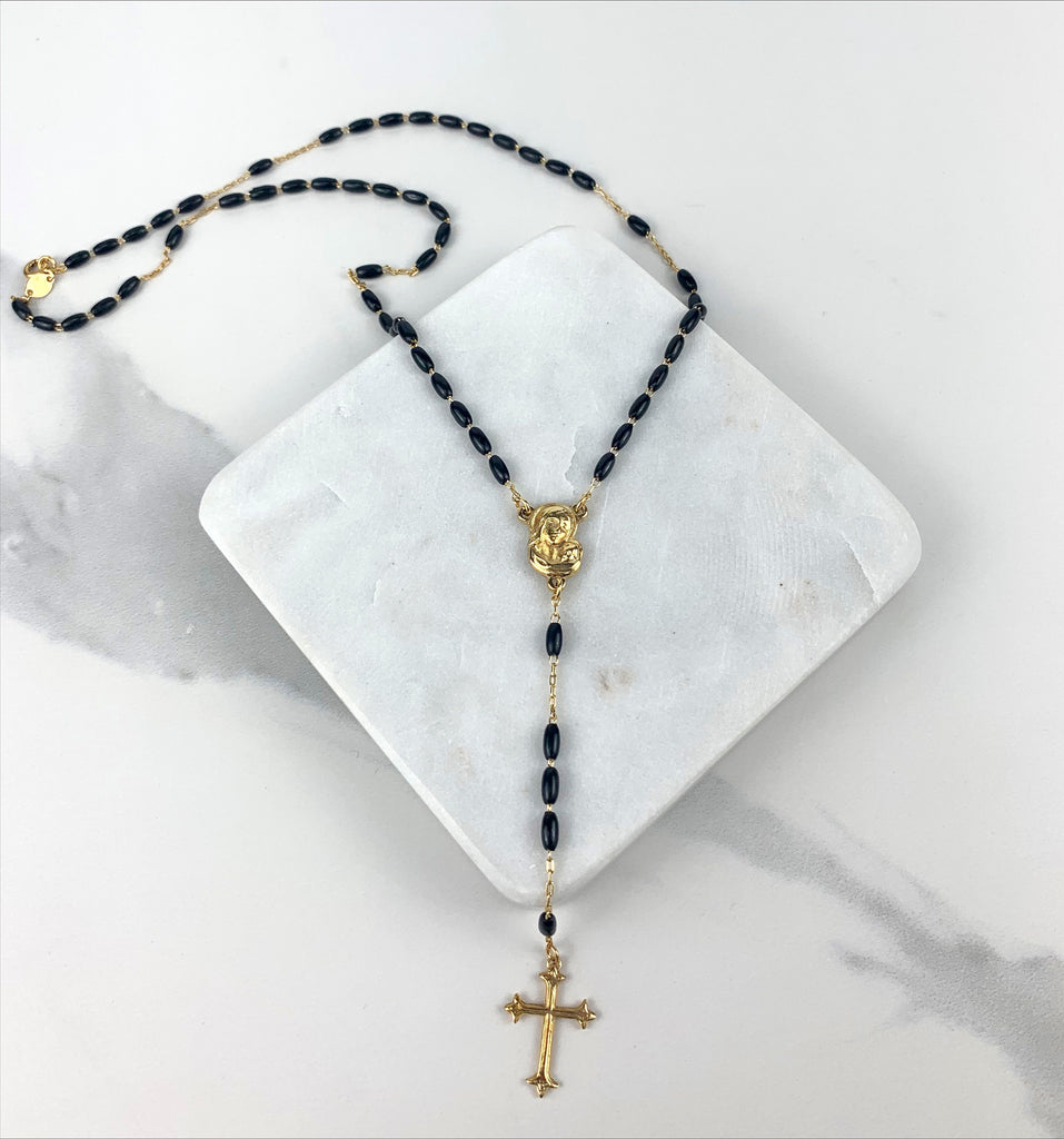 18k Gold Filled Black Beads Virgin Mary Rosary