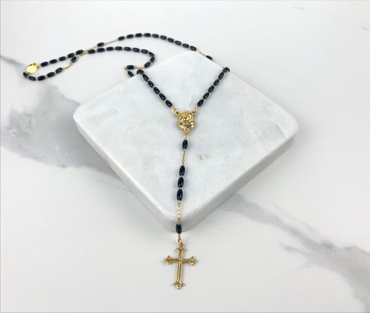 18k Gold Filled Black Beads Virgin Mary Rosary