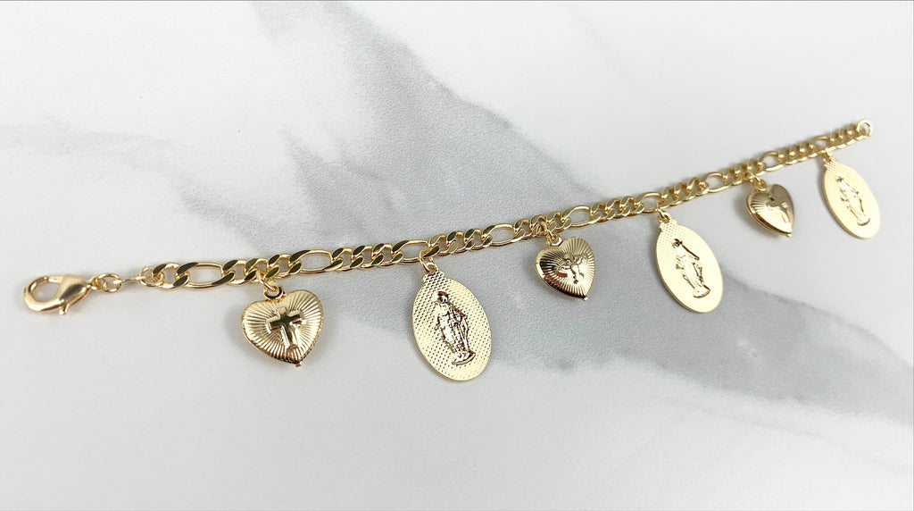 18k Gold Filled Figaro Link Coins Hearts Charms Bracelet