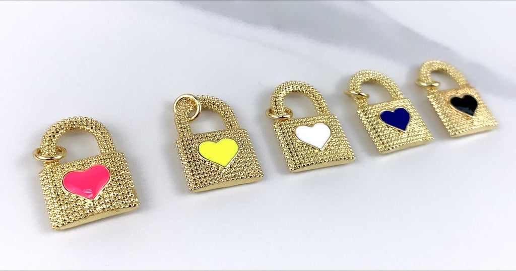 18k Gold Filled Textured Lock Heart Enamel Pendant