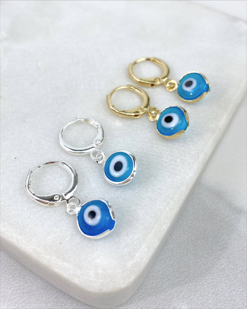 18k Gold Filled or Silver Filled Blue Enamel Blue Evil Eye Dangle Earrings