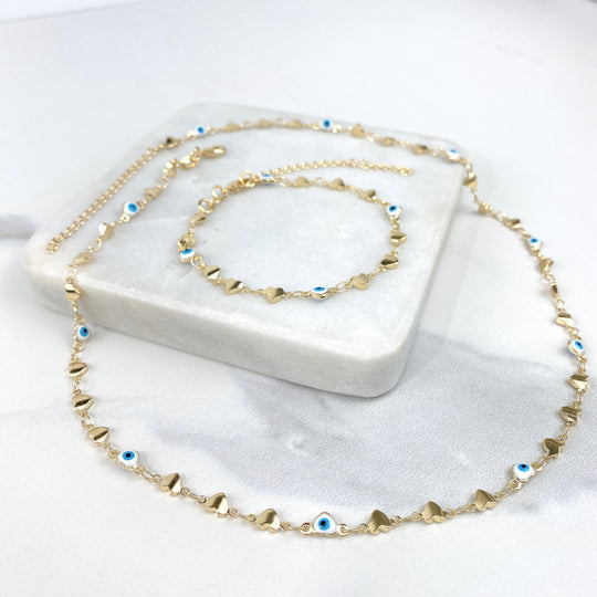 18k Gold Filled Hearts & Evil Eyes Bracelet or Necklace Set