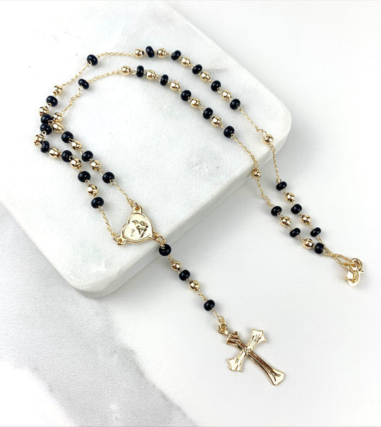 18k Gold Filled Black Beads Heart Angel Rosary
