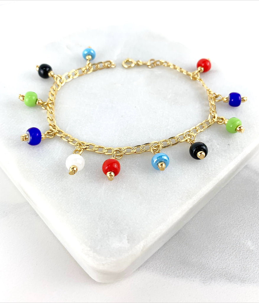 18k Gold Filled Curb Link Multicolor Beads Charms Bracelet