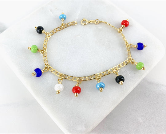 18k Gold Filled Curb Link Multicolor Beads Charms Bracelet