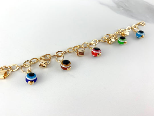 18k Gold Filled Rolo Link Evil Eyes Charms Bracelet