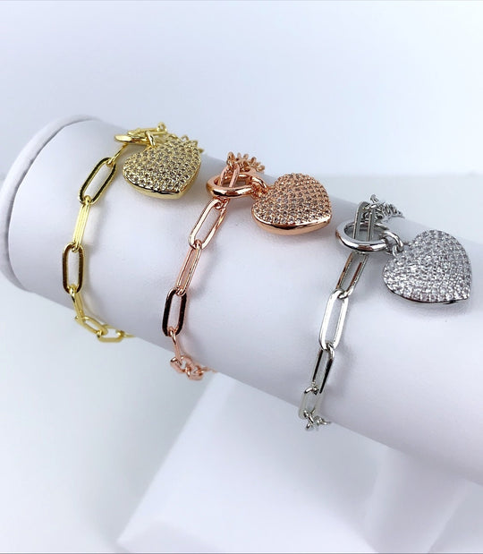 18k Rose Gold Silver or Gold Filled Paperclip CZ Heart Set