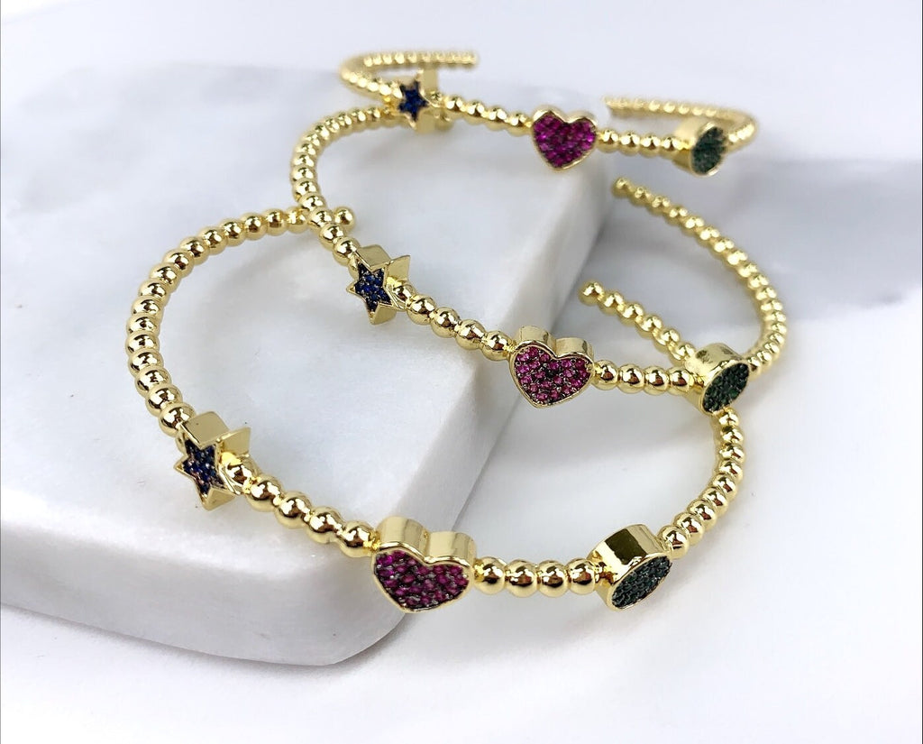 18k Gold Filled beads Heart Star and Circle Cuff Bracelet