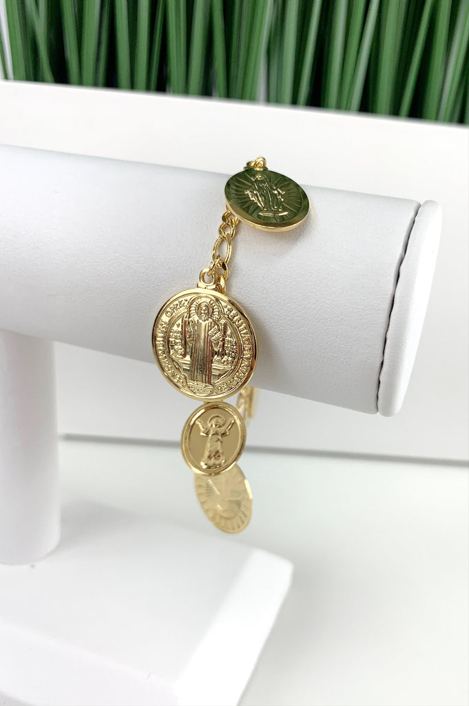 18k Gold Filled Figaro Coins Charms Bracelet