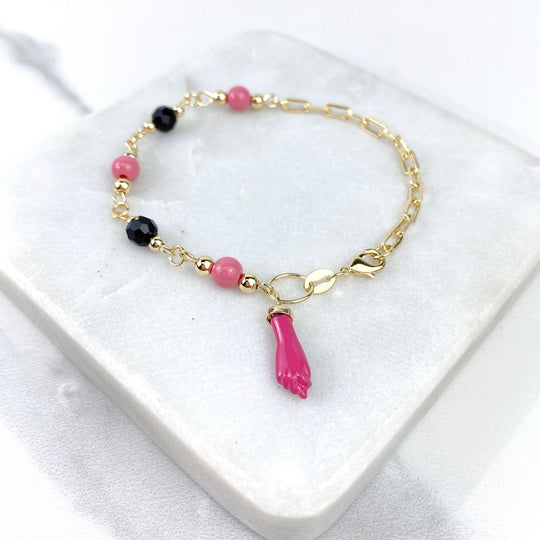18k Gold Filled PaperClip Pink Beads Figa Hand Charm Bracelet