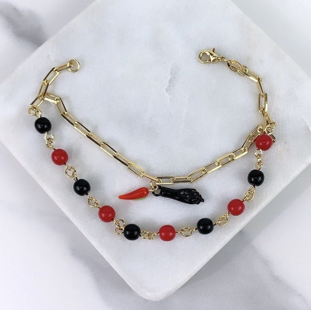 18k Gold Filled Paperclip Red & Black Bead Charms Bracelet