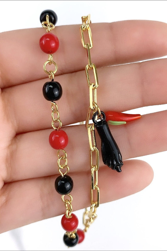 18k Gold Filled Paperclip Red & Black Bead Charms Bracelet