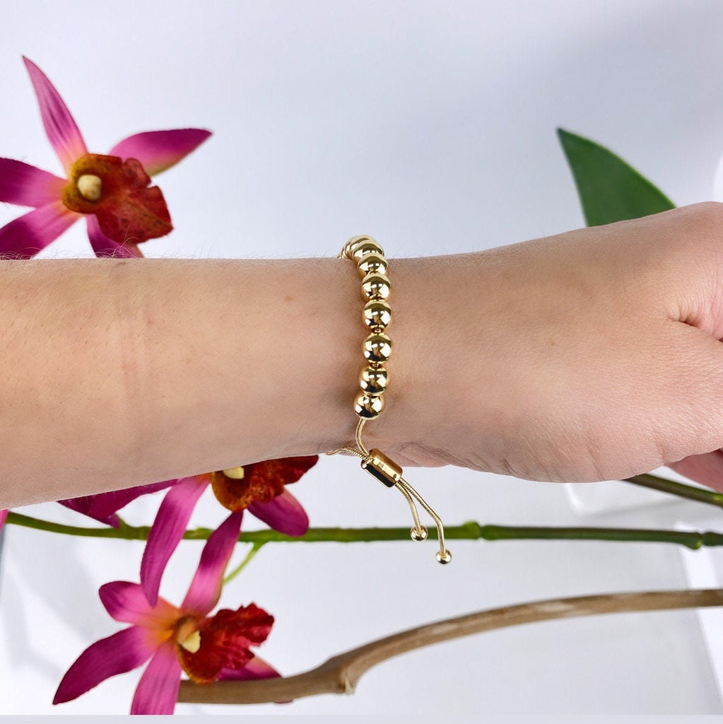 18k Gold Filled Beads with Figa Hand Charm Adjustable Bracelet