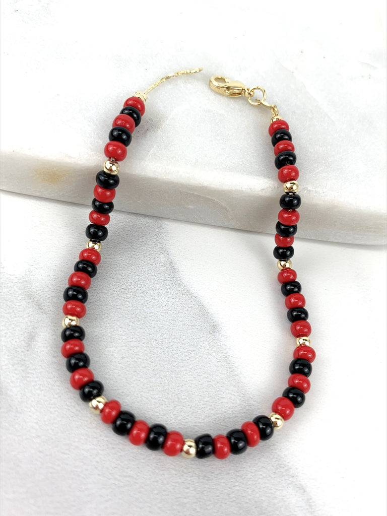 18k Gold Filled Black Red Beads Bracelet