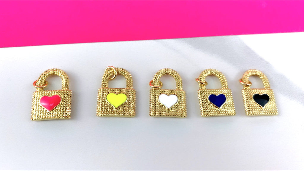 18k Gold Filled Textured Lock Heart Enamel Pendant