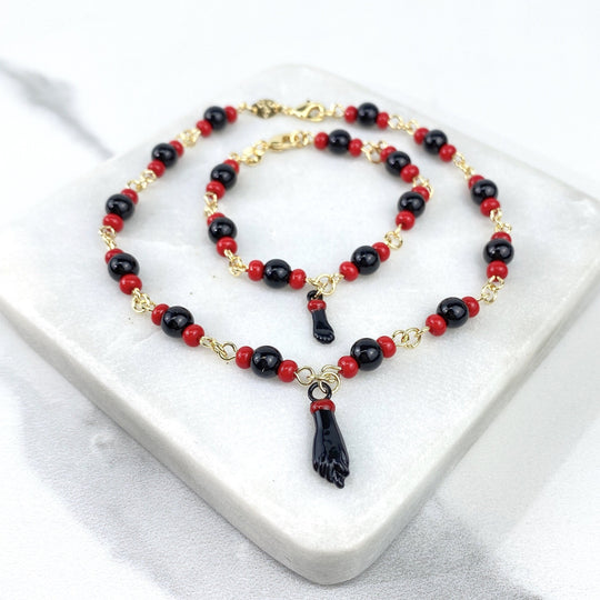 18k Gold Filled Black & Red Figa Hand Beaded Bracelet