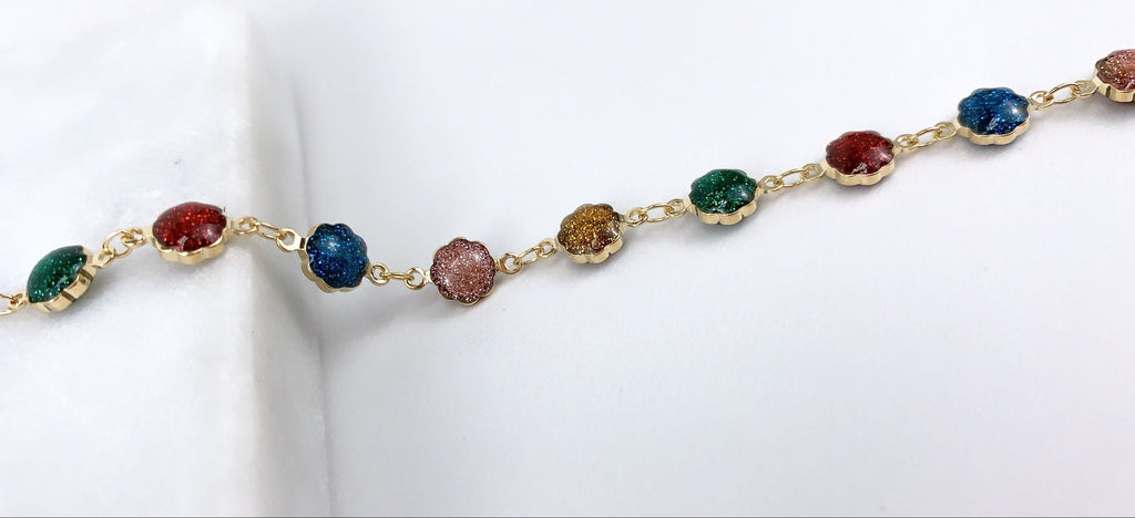 18k Gold Filled ID & Flowers Colored Matching Bracelet