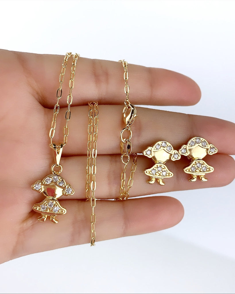 18k Gold Filled Cubic Zirconia Girls Charms & Earrings Set