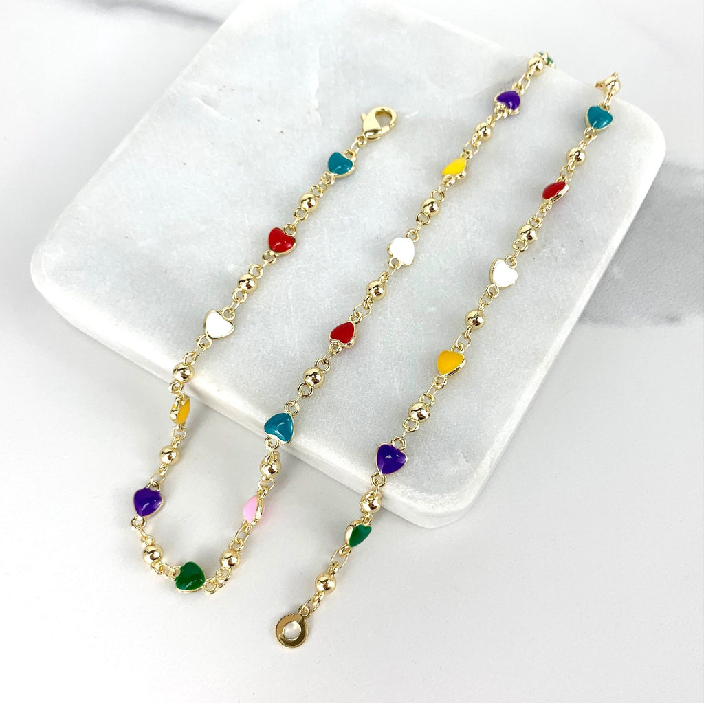 18k Gold Filled Bead Link Chain Colorful Hearts Necklace