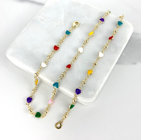 18k Gold Filled Bead Link Chain Colorful Hearts Necklace