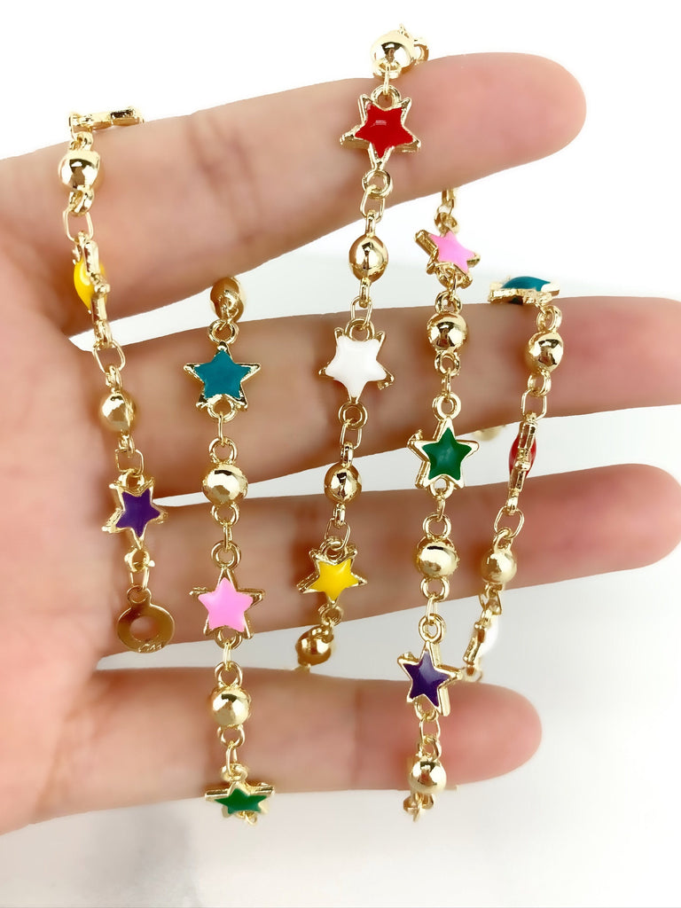 18k Gold Filled Bead Link Chain Colorful Stars Necklace