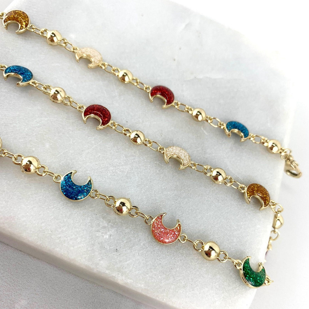 18k Gold Filled Bead Colorful Sparkle Moon Necklace