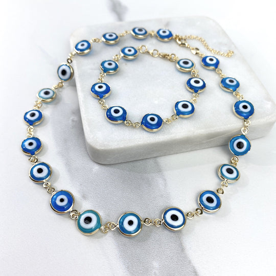 18k Gold Filled Greek Blue Eyes Bracelet or Necklace Set