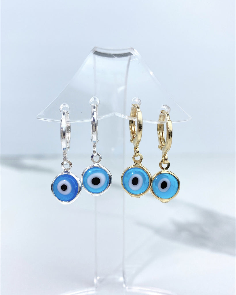 18k Gold Filled or Silver Filled Blue Enamel Blue Evil Eye Dangle Earrings