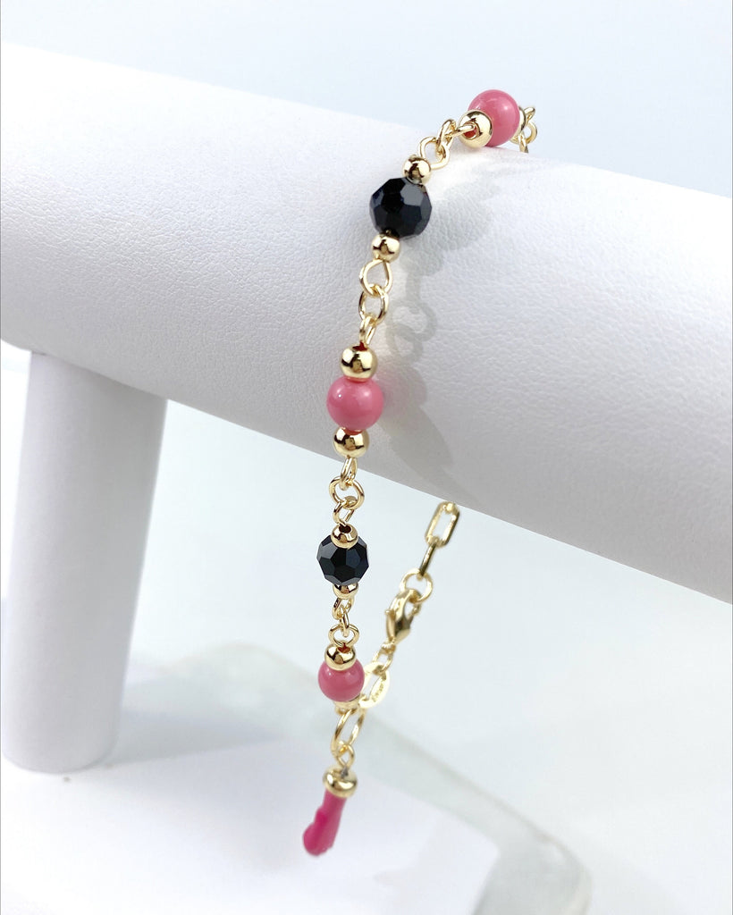 18k Gold Filled PaperClip Pink Beads Figa Hand Charm Bracelet