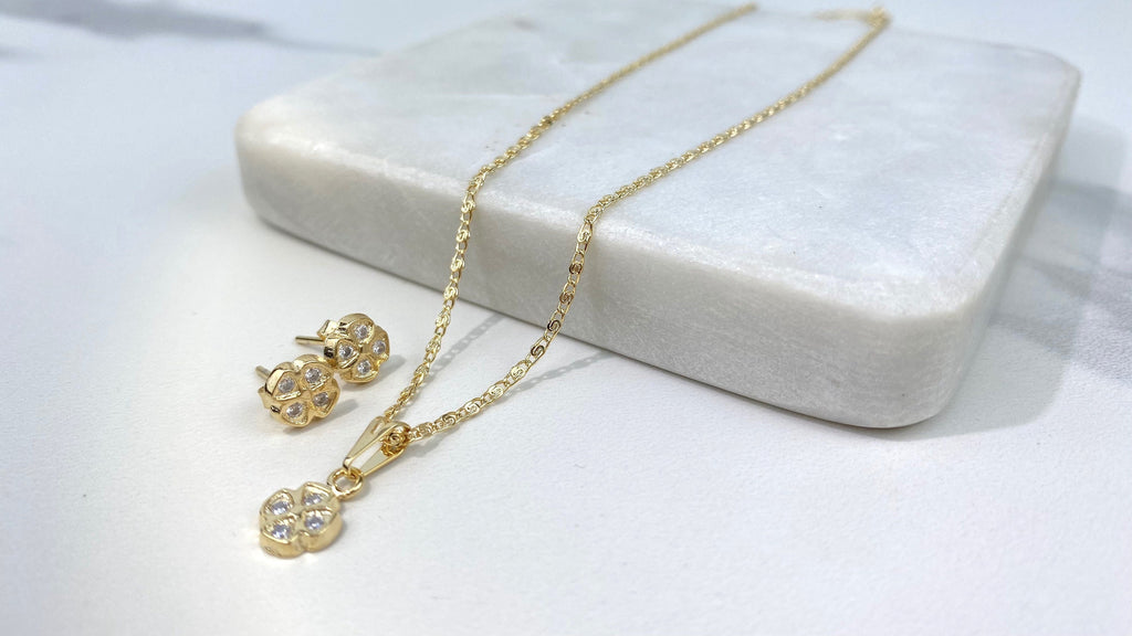 18k Gold Filled Necklace CZ Flower Design Charm & Stud Earrings Set