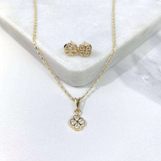18k Gold Filled Necklace CZ Flower Design Charm & Stud Earrings Set