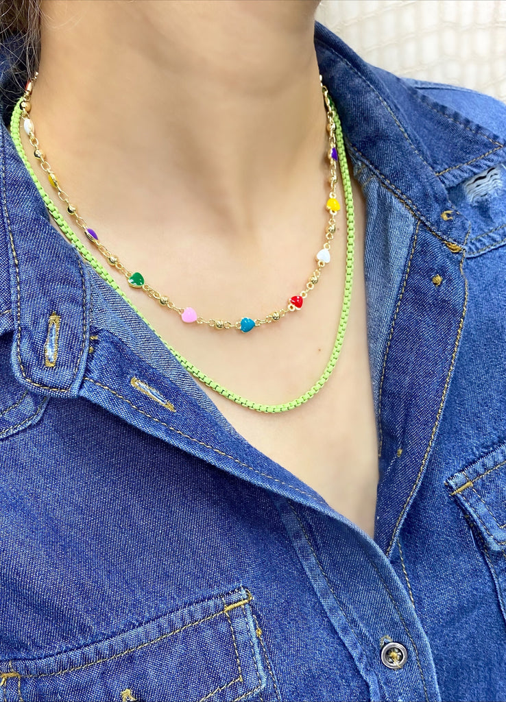 18k Gold Filled Bead Link Chain Colorful Hearts Necklace