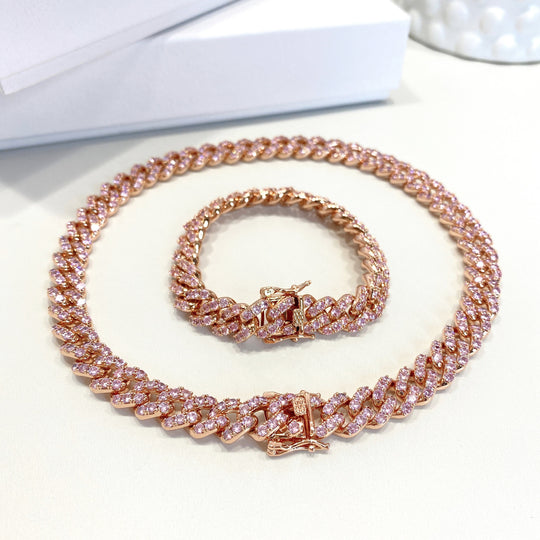 14k Rose Gold Filled Cuban Link Iced Chain or Bracelet Set