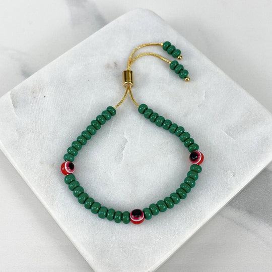 18k Gold Filled Green Beads Red Evil Eyes  Adjustable Bracelet
