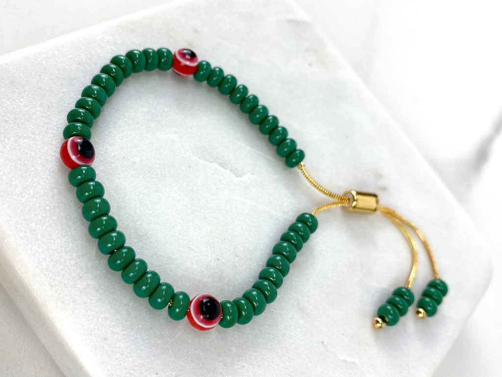 18k Gold Filled Green Beads Red Evil Eyes  Adjustable Bracelet