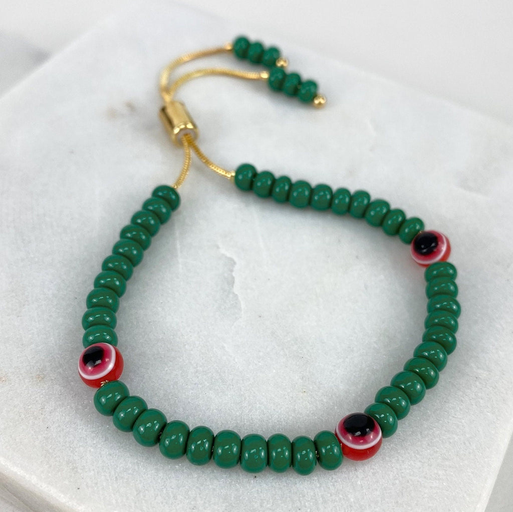 18k Gold Filled Green Beads Red Evil Eyes  Adjustable Bracelet