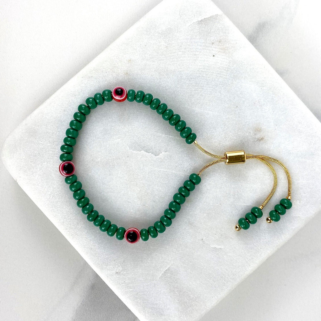 18k Gold Filled Green Beads Red Evil Eyes  Adjustable Bracelet