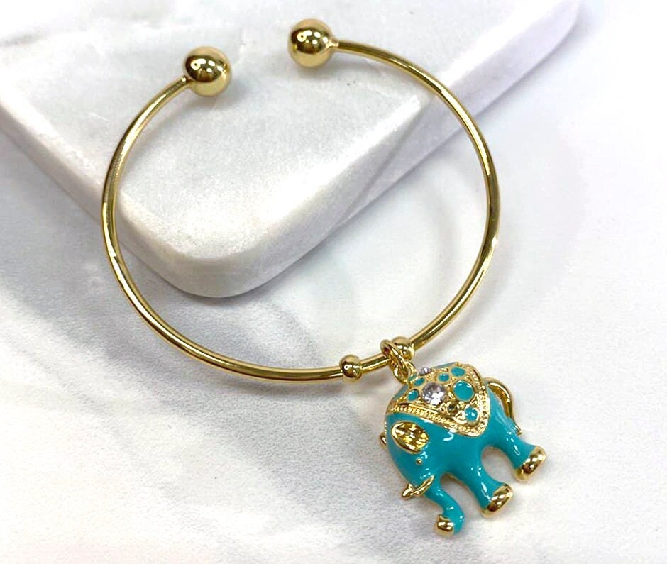 18k Gold Filled Blue Elephant Charm Cuff Bracelet