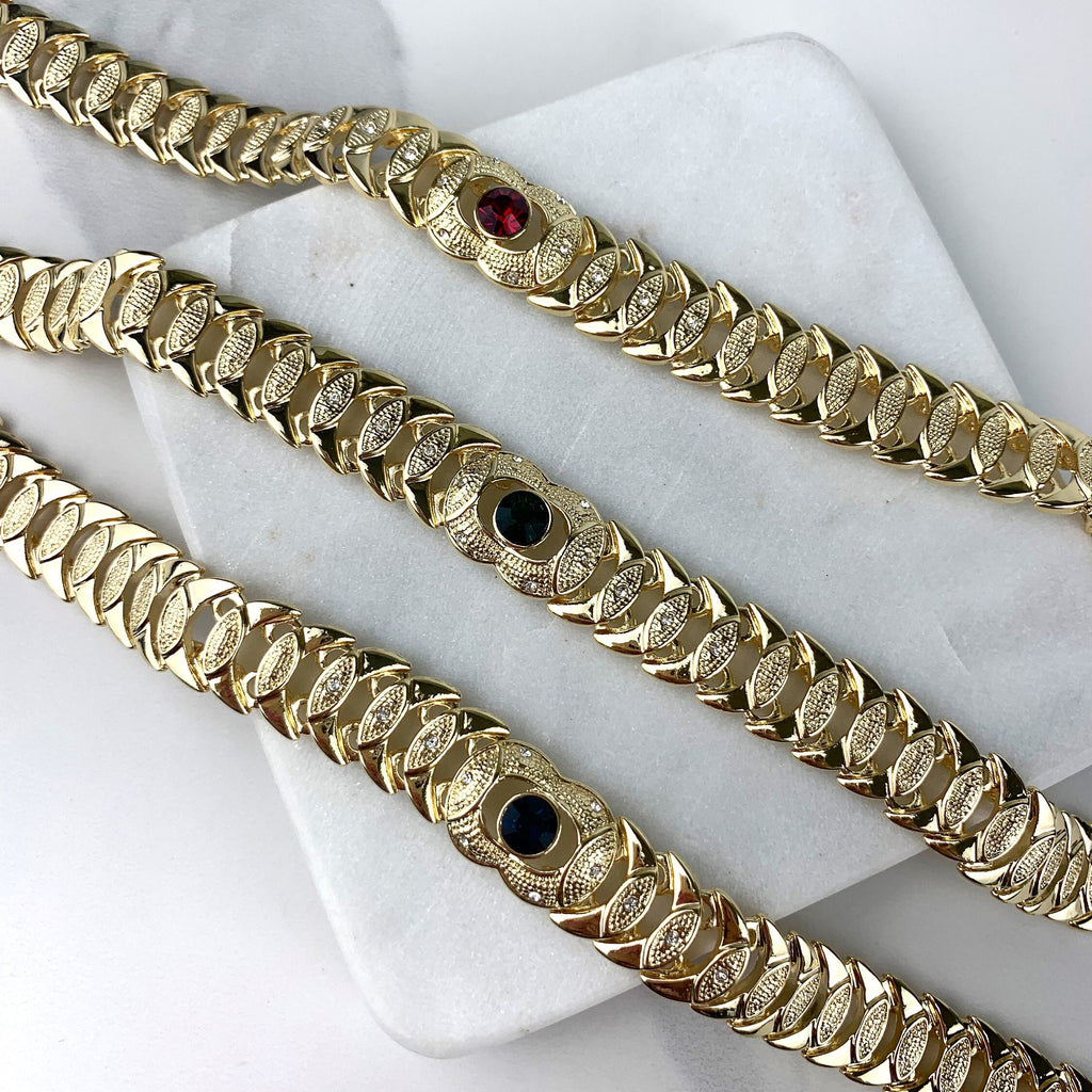 18k Gold Filled Blue Red or Green Stone Texturized Bracelet