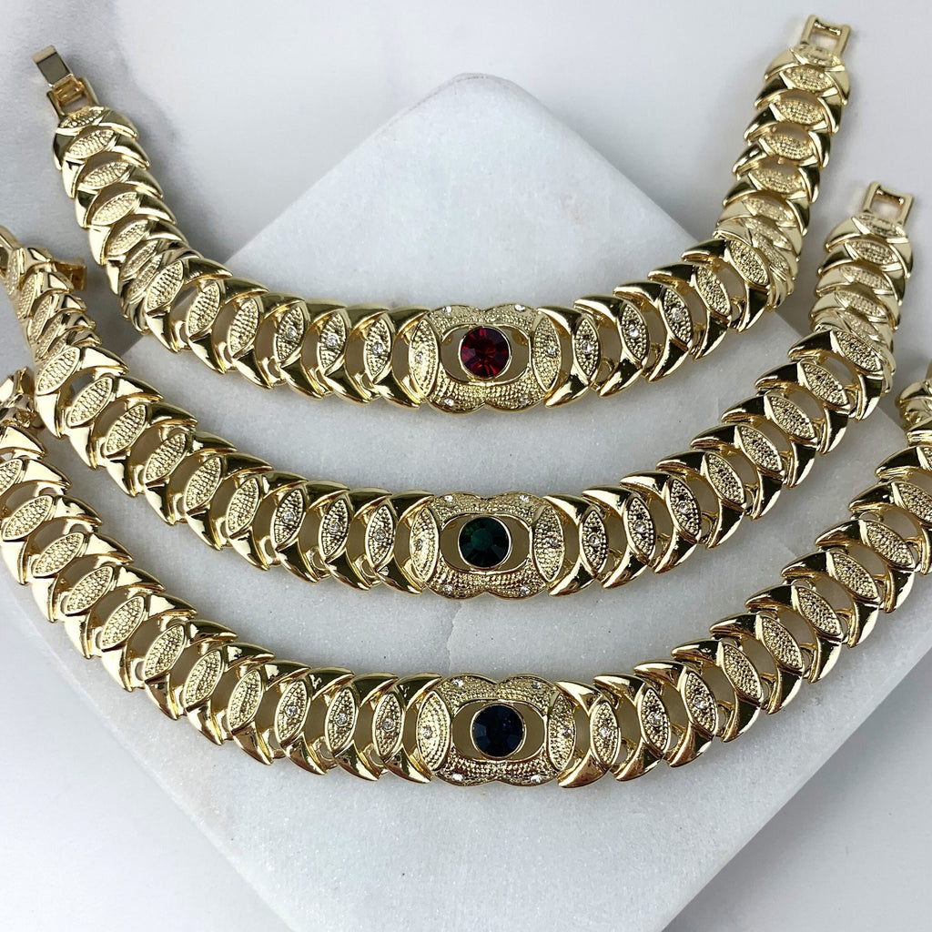 18k Gold Filled Blue Red or Green Stone Texturized Bracelet