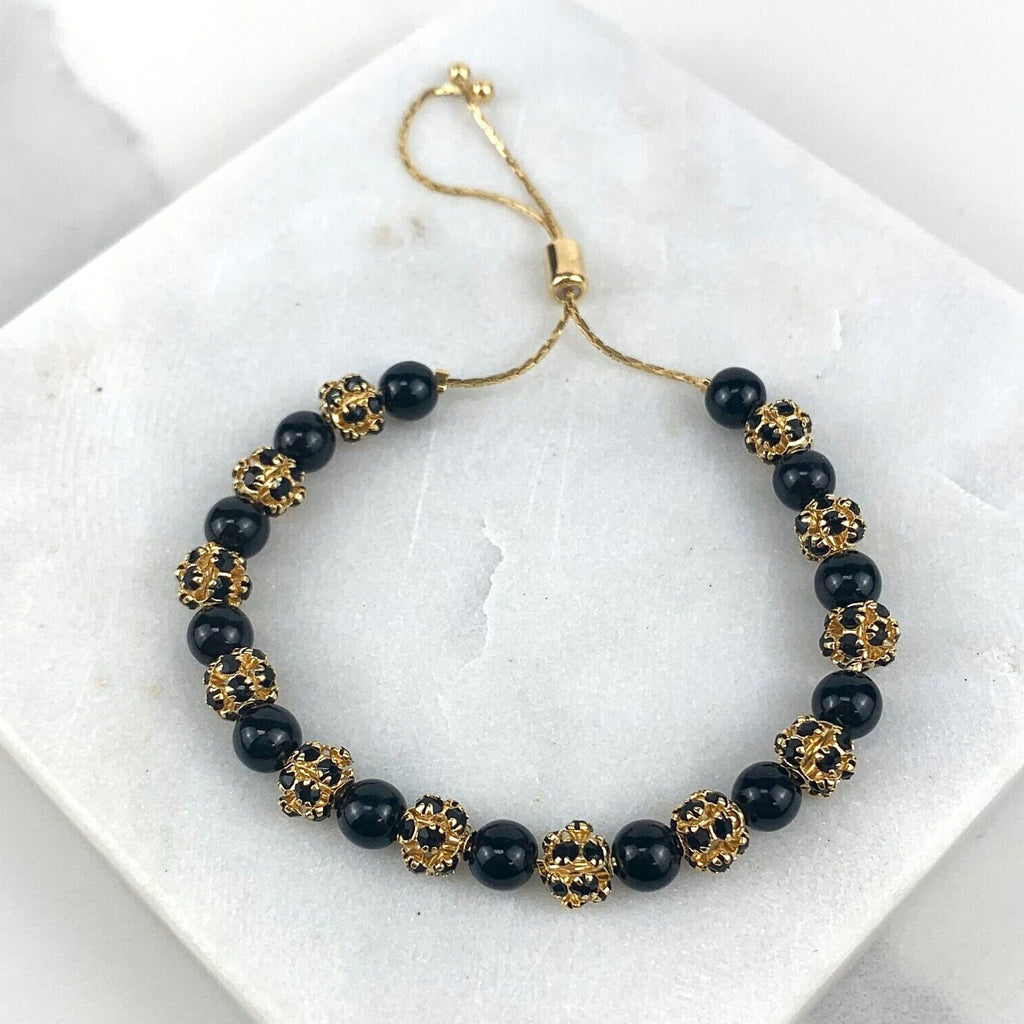 18k Gold Filled Black and Gold Beads Adjustable Bracelet