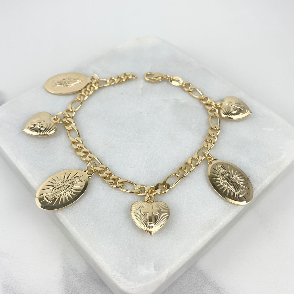18k Gold Filled Figaro Link Coins Hearts Charms Bracelet