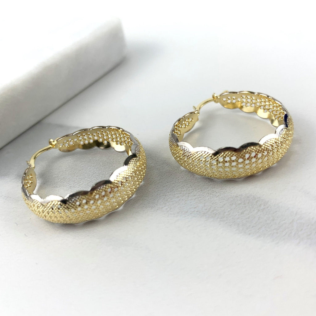18k Gold Filled Two Tone Textured Hoop Earrings