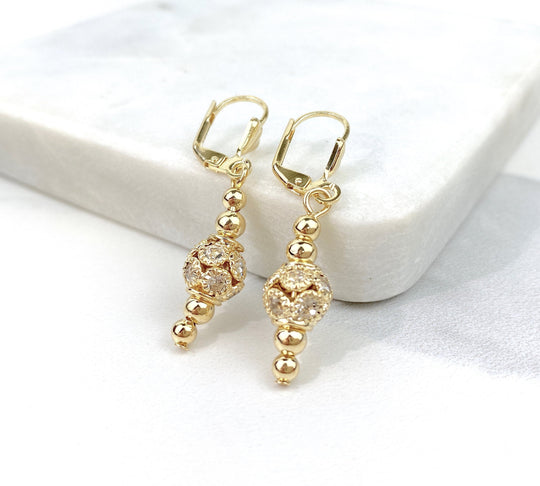 18k Gold Filled Dangle Teardrop Lever Back Balls Earrings