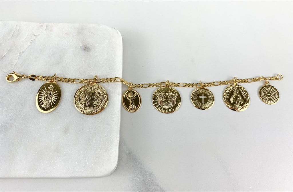 18k Gold Filled Figaro Coins Charms Bracelet