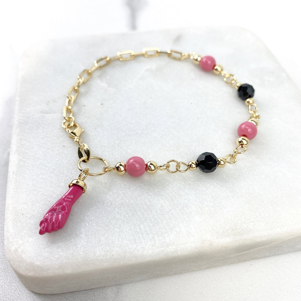 18k Gold Filled PaperClip Pink Beads Figa Hand Charm Bracelet