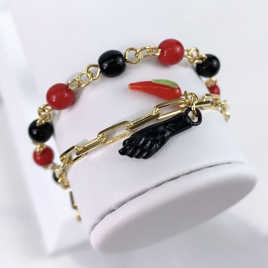 18k Gold Filled Paperclip Red & Black Bead Charms Bracelet