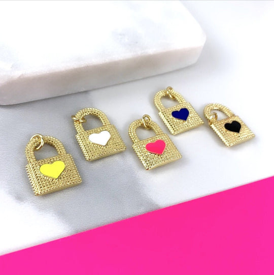18k Gold Filled Textured Lock Heart Enamel Pendant
